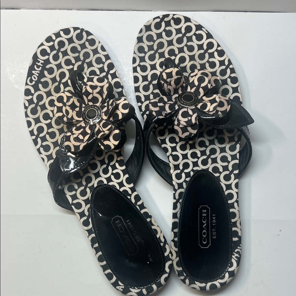 Coach Women's Black and Cream Floral Sandals - Pattey Size 7B